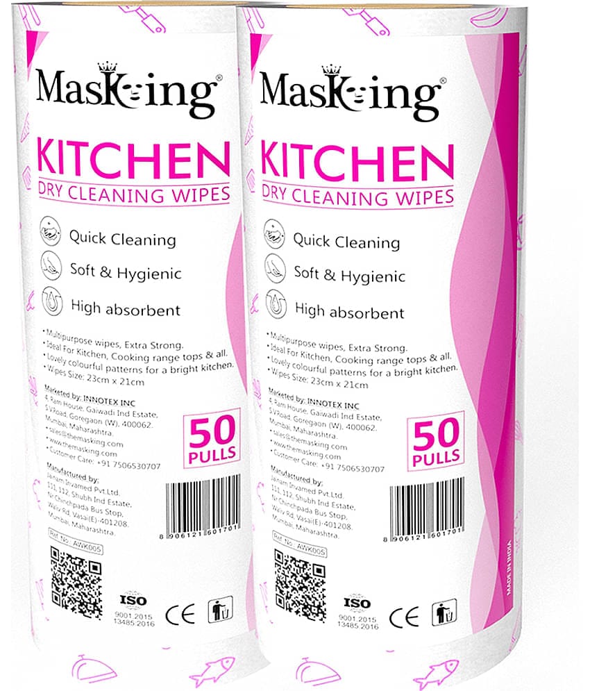 Masking Non-Woven Reusable & Washable Multi Surface Cleaner Wipes Kitchen Dry Roll 23x21cm, 160 Pulls Pink 358 g Pack of 2