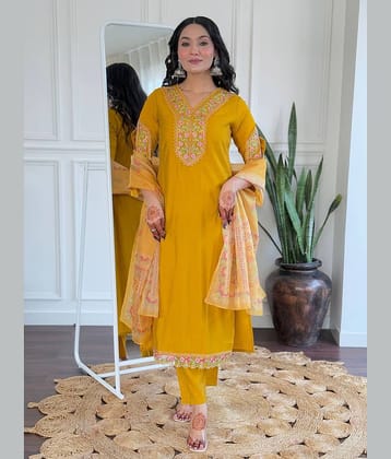 Niza Fashion Viscose Embroidered Kurti With Pants Women's Stitched Salwar Suit - Orange ( Pack of 1 )