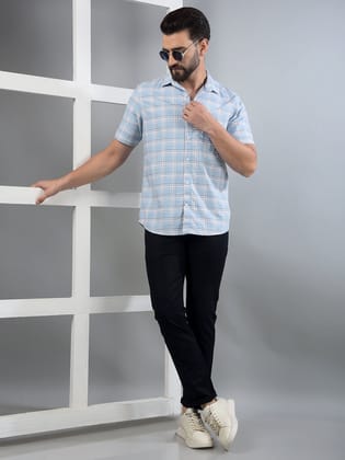 Blue Checked 100% Cotton Shirt-S / Blue
