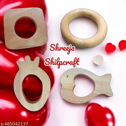 Shreeja Shilpcraft Neem Wooden Teether | Teething toys for 3 month -12 month baby | Gum Soothers Pack of 4 (Square ,Ring , Strawberry and Fish Shape)Pack of 4