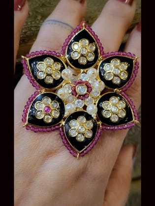 Green enamel flower shape adjustable kundan ring with ruby bead pirohi