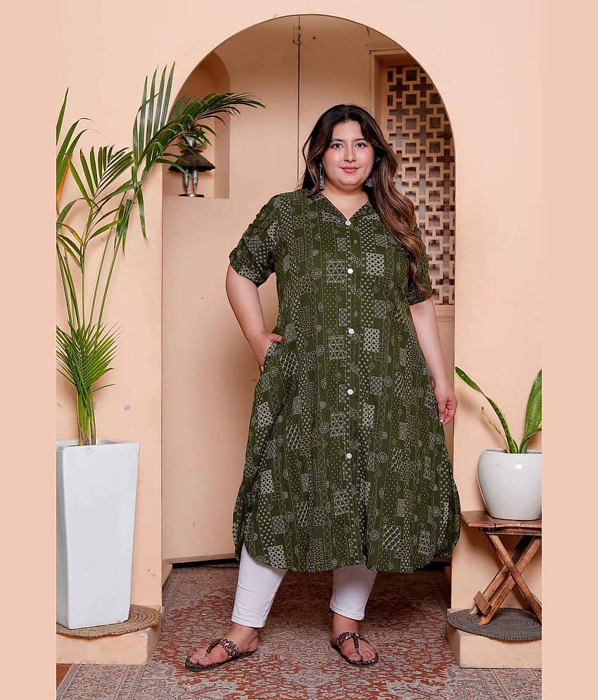 miravan Women Cotton Printed A-line Kurti ( Green )