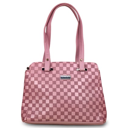 Jothi LuxeCheck Premium Womens Handbag | Multi-Compartment Synthetic Leather Tote | Checkered Woven Texture | Matte Finish | Water-Resistant | Soft Base | Pink