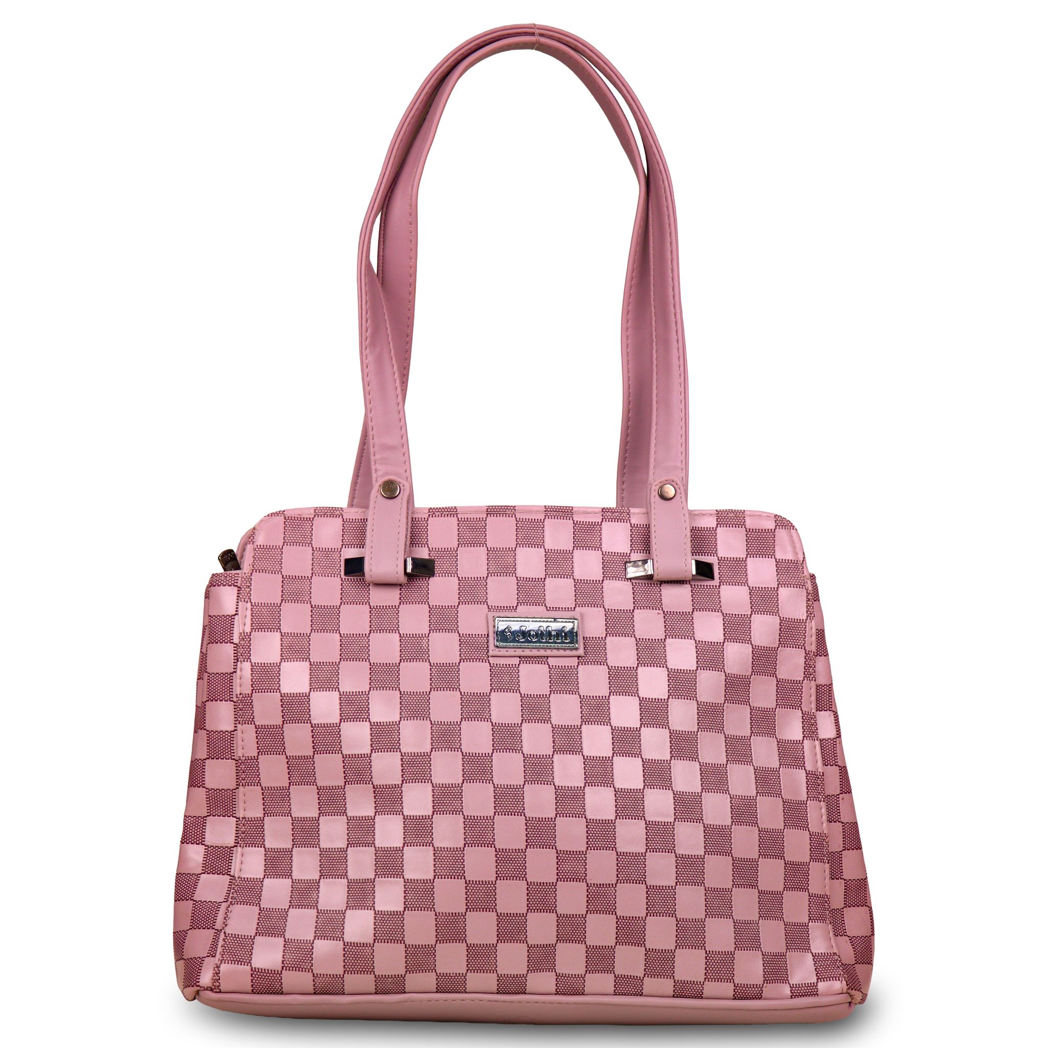Jothi LuxeCheck Premium Womens Handbag | Multi-Compartment Synthetic Leather Tote | Checkered Woven Texture | Matte Finish | Water-Resistant | Soft Base | Pink