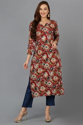 Cotton Blend Maroon Floral Printed Straight Kurta VCK9203