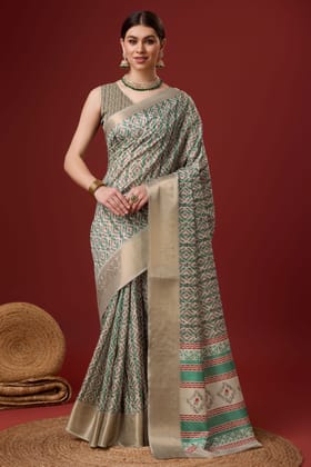 Cream Printed Cotton Silk Saree