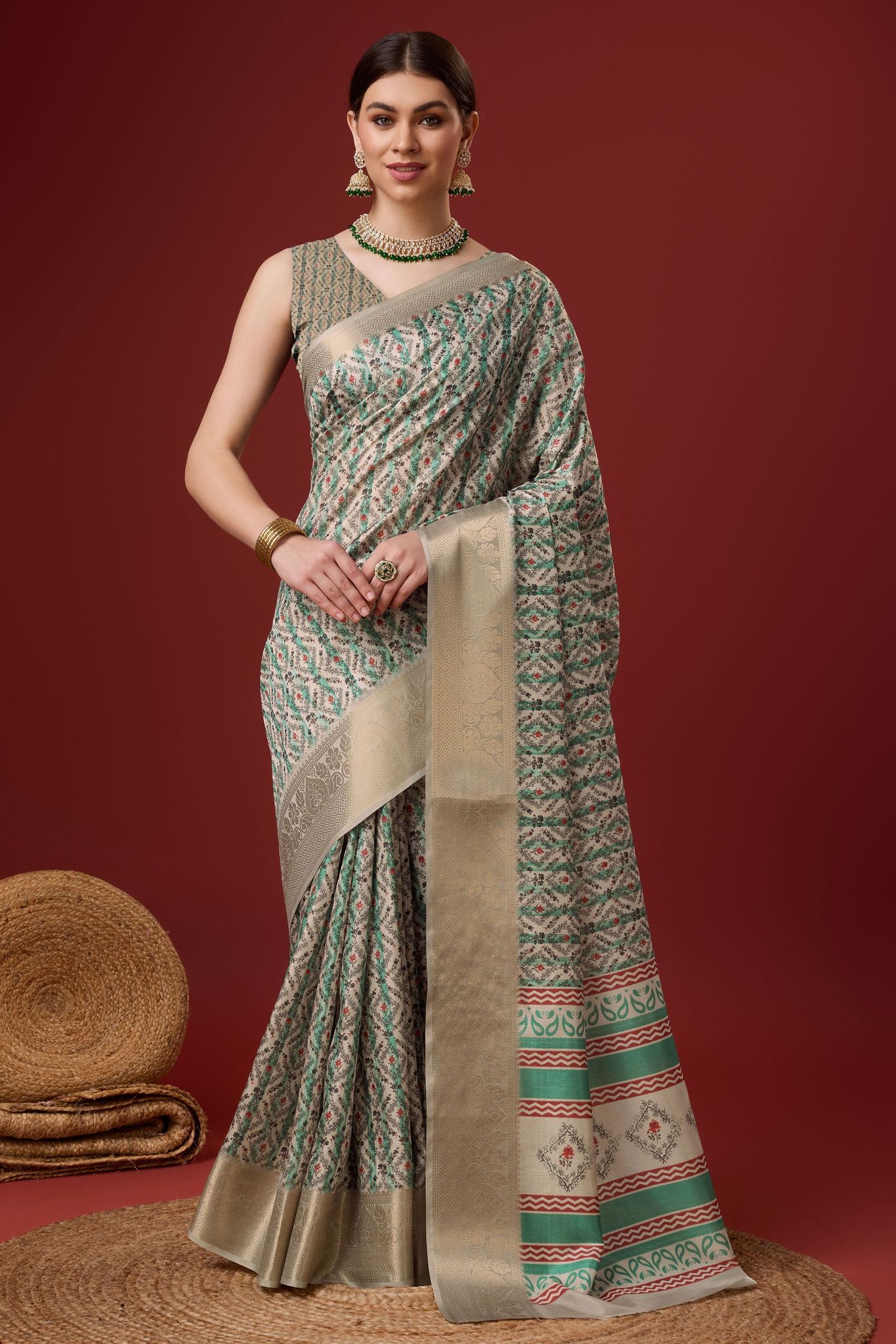Cream Printed Cotton Silk Saree