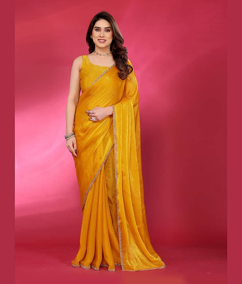VEDANT VASTRAM Silk Blend Embellished Saree With Unstitched Blouse Piece ( Yellow )