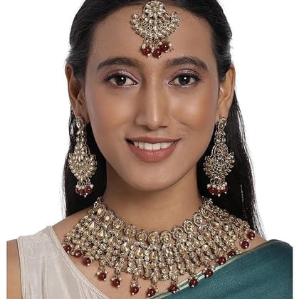 Maroon Gold-Plated AD Studded Jewellery Set