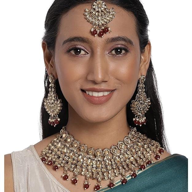 Maroon Gold-Plated AD Studded Jewellery Set