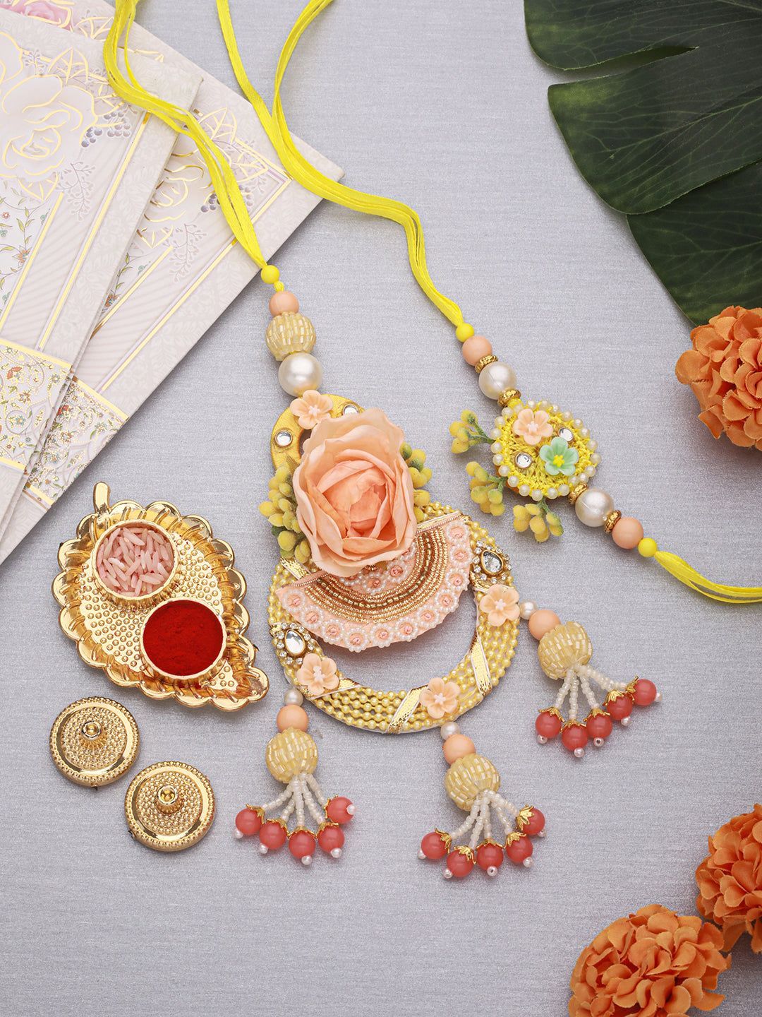 Set of 2 Peach Handcrafted Flower Rakhi For Bhaiya & Bhabhi Lumba Rakhi Set With Roli Chawal pooja Plate