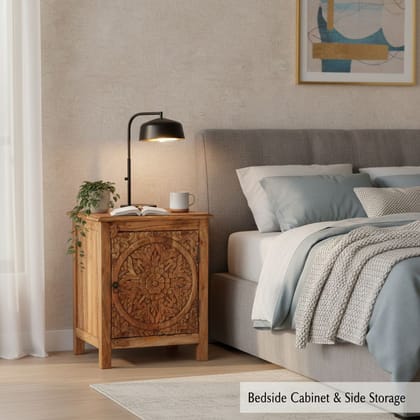 Wooden Carved Bedside Cabinet Side Storage With Mango Wood