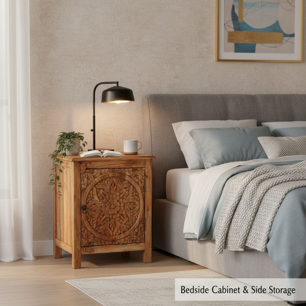Wooden Carved Bedside Cabinet Side Storage With Mango Wood