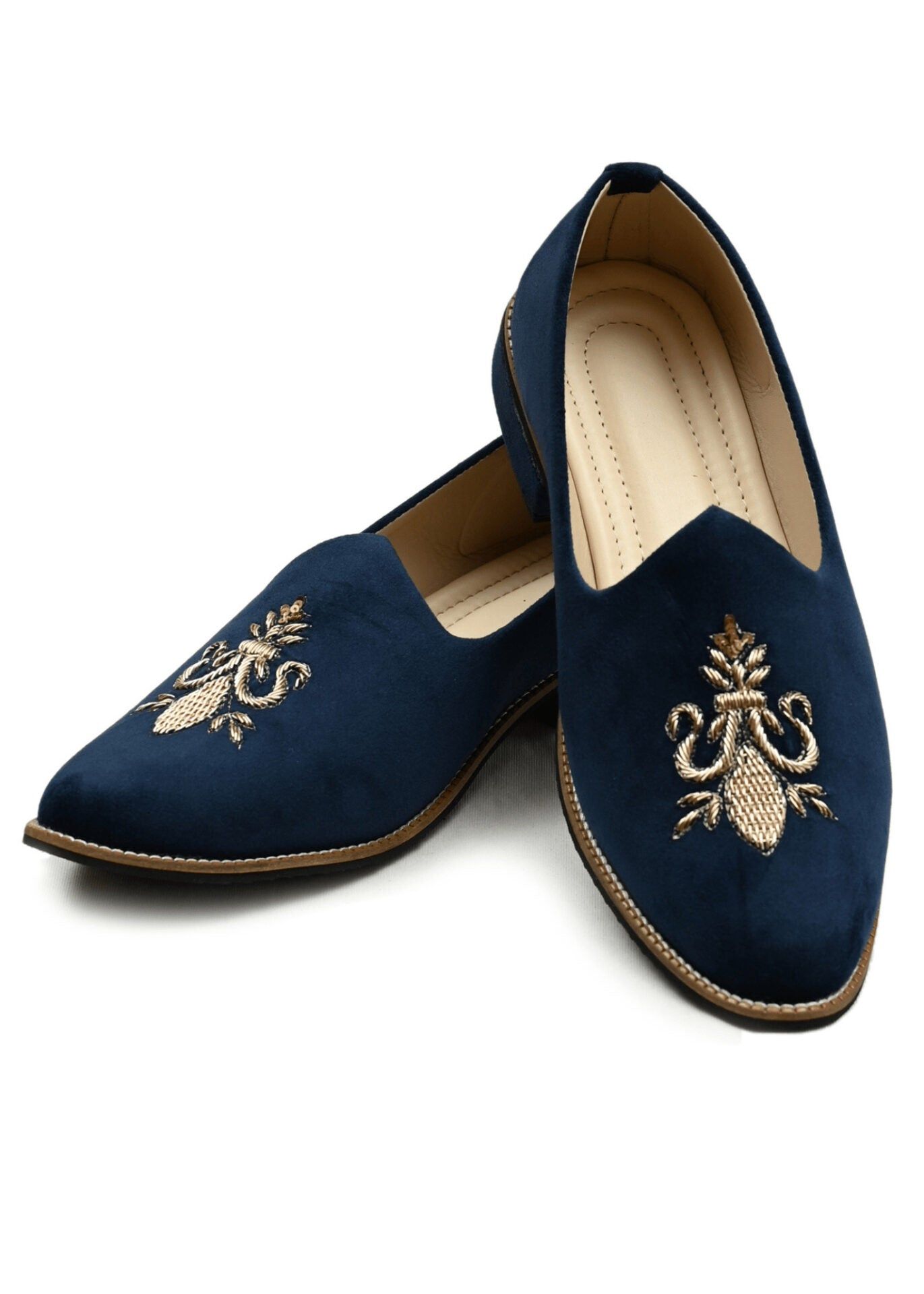 Blue Suede Velvet Zardozi Embroidery Shoes-Navy