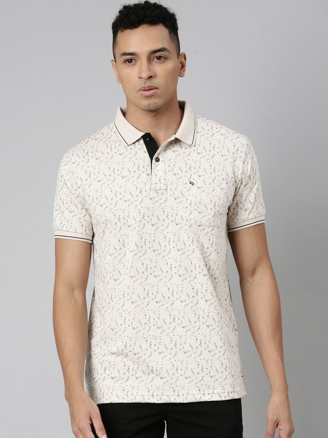 Classic Polo Men's Polo Neck Cotton Lt.Biege Slim Fit Printed T-Shirt | BELLO-255 A SF P