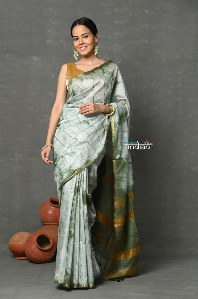Tyohaar ~ Designer! Cotton Viscose Hand Dyed Saree With Sleek Border - Green - Sarees | Buy online on ZillyBuy