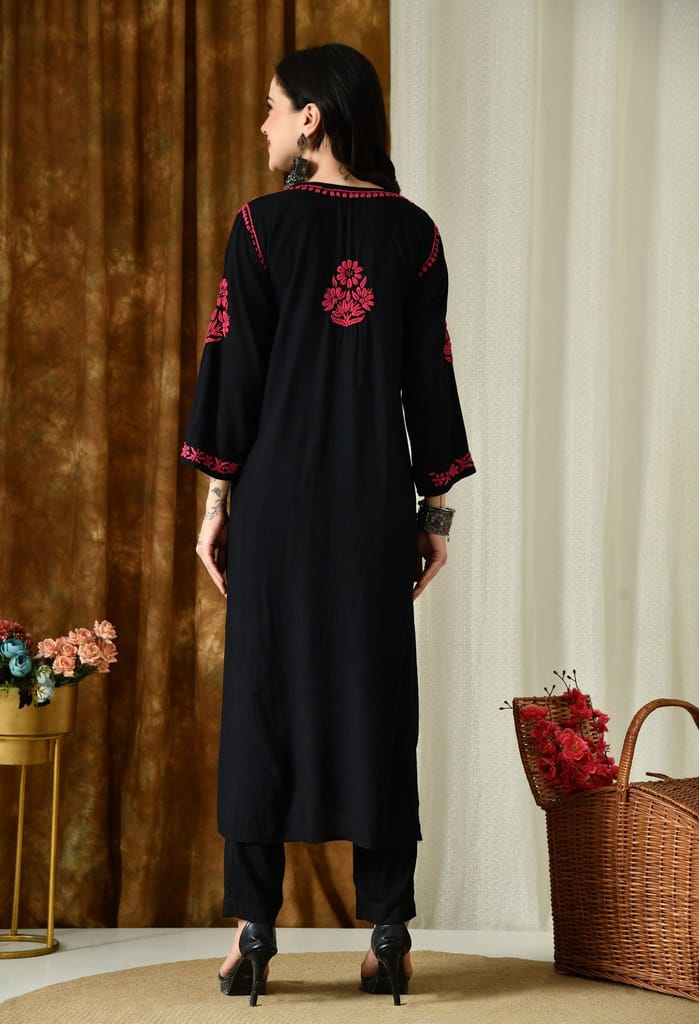 Black Kurta with Intricate Chikankari Work - Pink