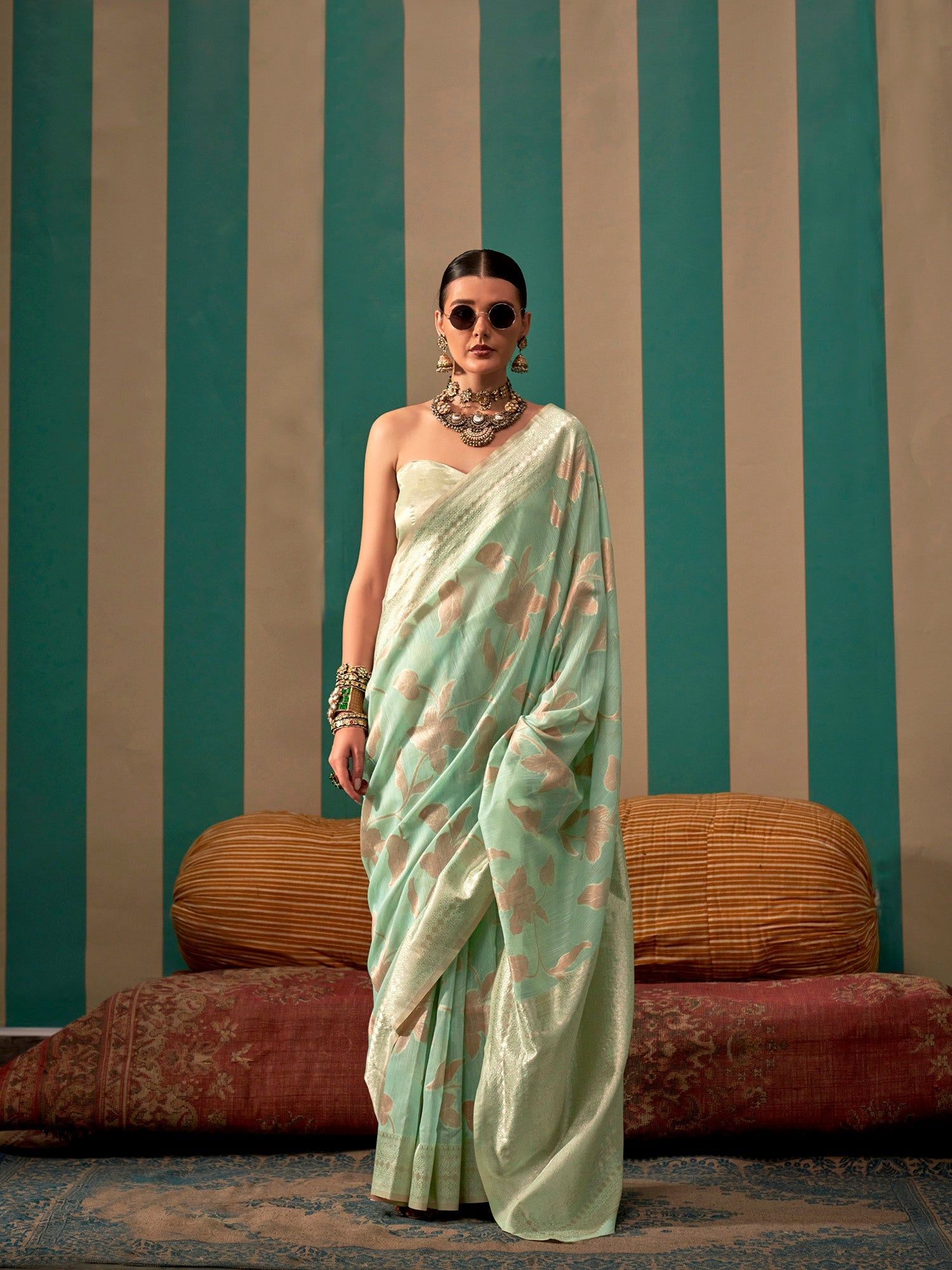 Seafoam Green Pure Capri Linen Floral Designed Handloom Weaving Saree