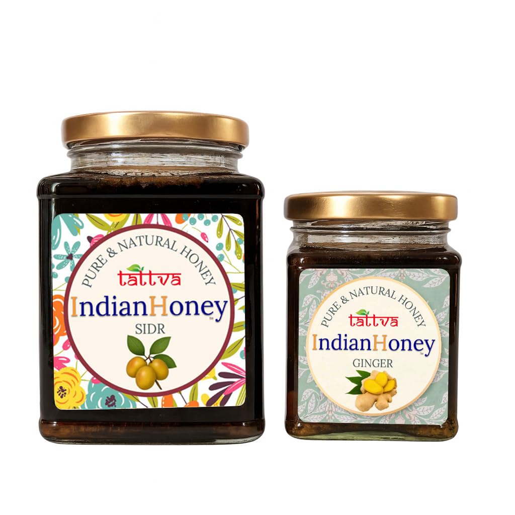 IndianHoney Premium & Highly Medicinal Sidr Honey & Warming & Anti-Inflammatory Ginger Infused Honey Combo Pack (500gm & 230gm) Sidr & Ginger