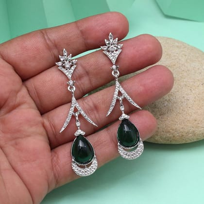 Green Color Fashion Earrings With Nature Inspired Contemporary Design Elements-Earring Length: 6.50 CM x Width: 2.00 CM / Green / Alloy With Good Quality Silver Plated