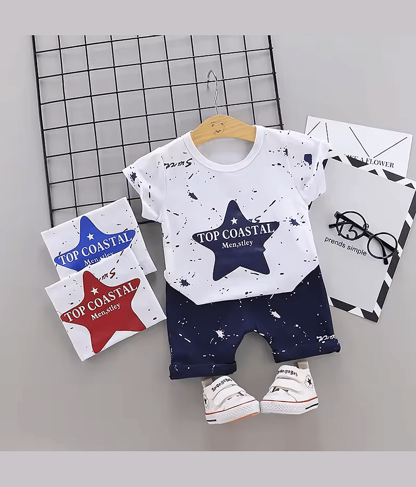 VELION Pack of 1 Boys Cotton Blend T-Shirt & Shorts Set ( White )