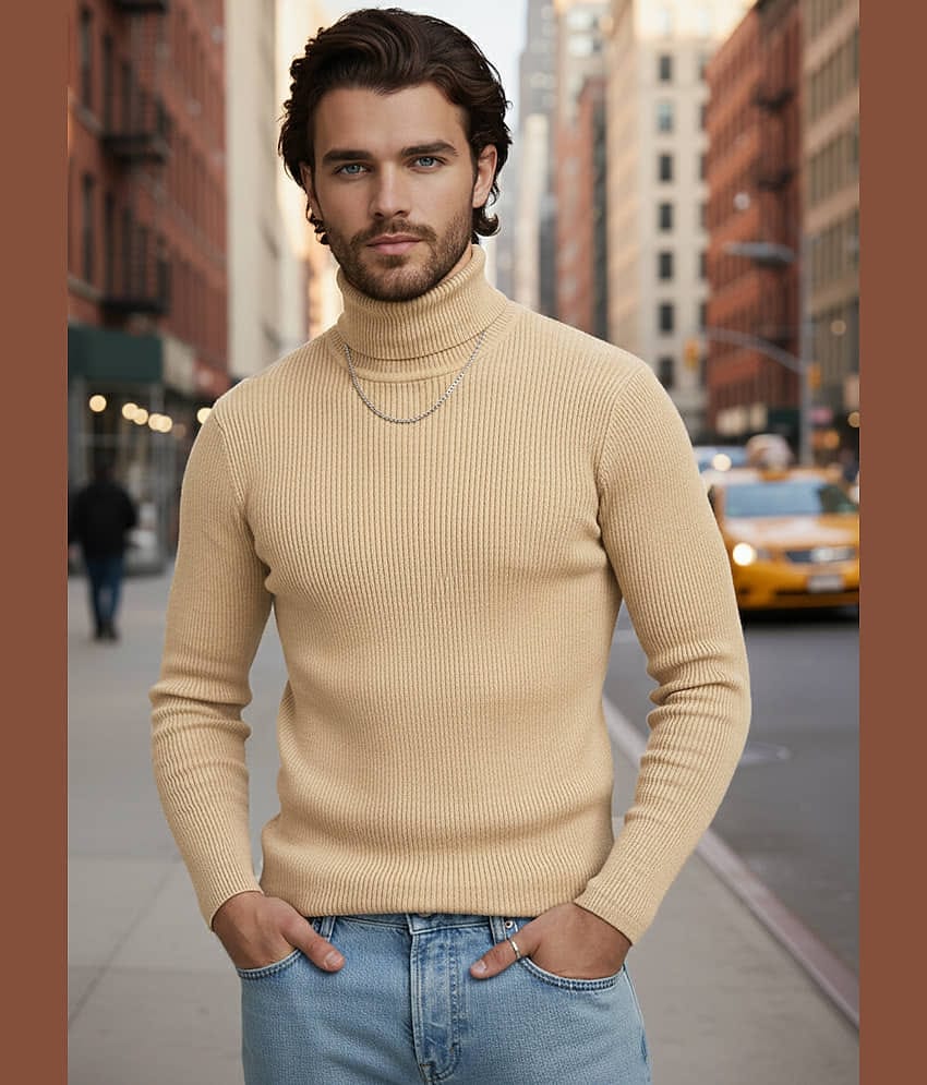 VIOUR Polyster High Neck Men's Full Sleeves Pullover Sweater - Beige ( Pack of 1 )