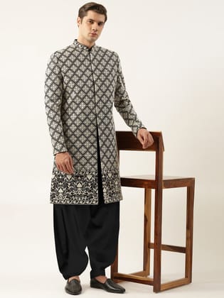 Black Silk Embroidered Indowestern Set-S/38 / Indo Salwar Set