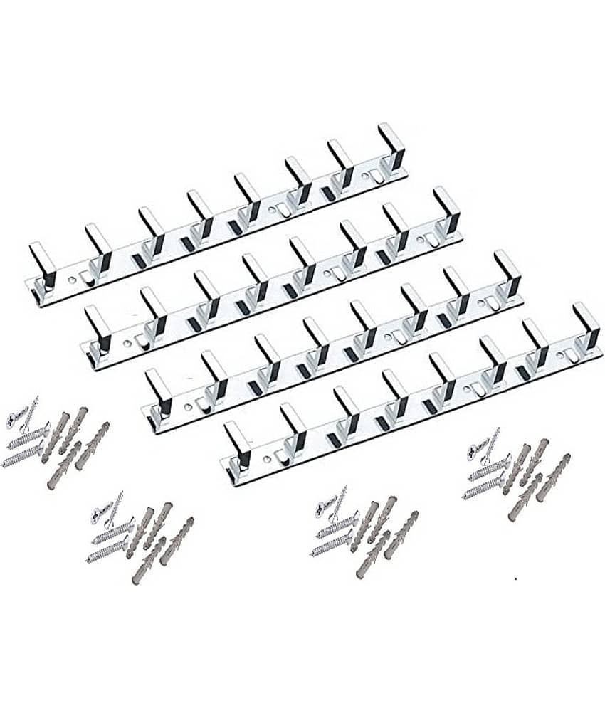 OJASS Stainless Steel & Aluminium Premium Heavy Quality - 8 PIN L Save Cloth Hanger Bathroom Wall Door Hooks with 16 Screw and 16 Grip (Pack of 4 pcs) LHS08SS4L
