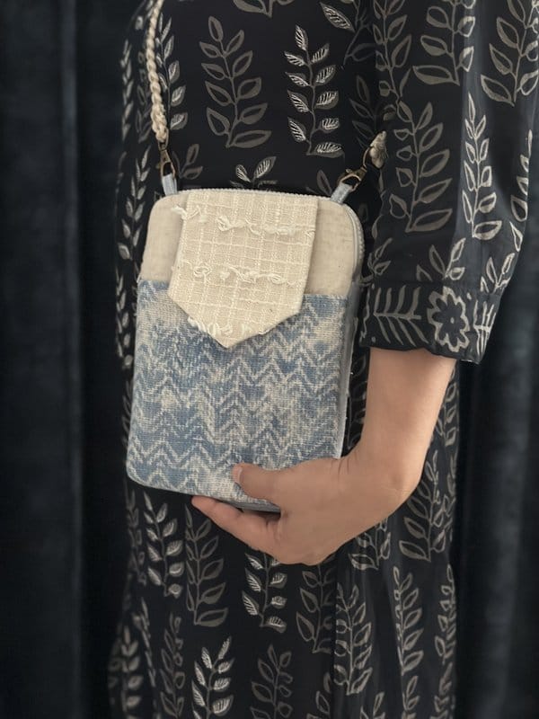 KRI India Distressed Textured 3-way Sling Bag | Sky Blue & Ivory  | Wash & Care | 100% Cotton | Handcrafted in India. 100% organic & natural.