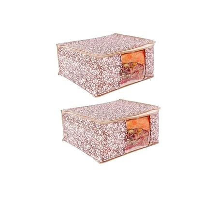 Bindian Multipurpose Saree Cover for Wardrobe Storage | Premium Non-Woven Fabric Cloth Organizer Box with Transparent Window & Zipper | Ideal for Storing Sarees & More (Beige, Pack of 2)