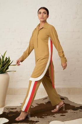 Contrast color block co-ord set-Khaki Beige / M / Set