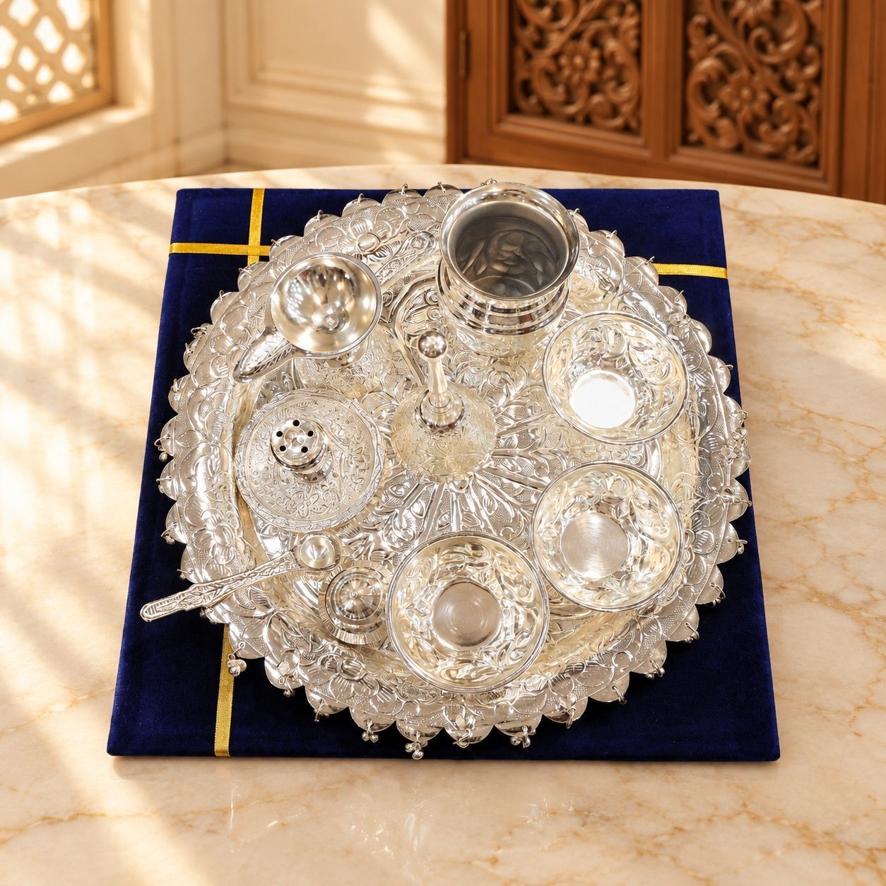 Brass Pooja Thali Set | Brass Puja Thali | Aarti Thali for Hindu Worship & Festive Gifting, Length : 11.5 Inch (BMAS295 E)