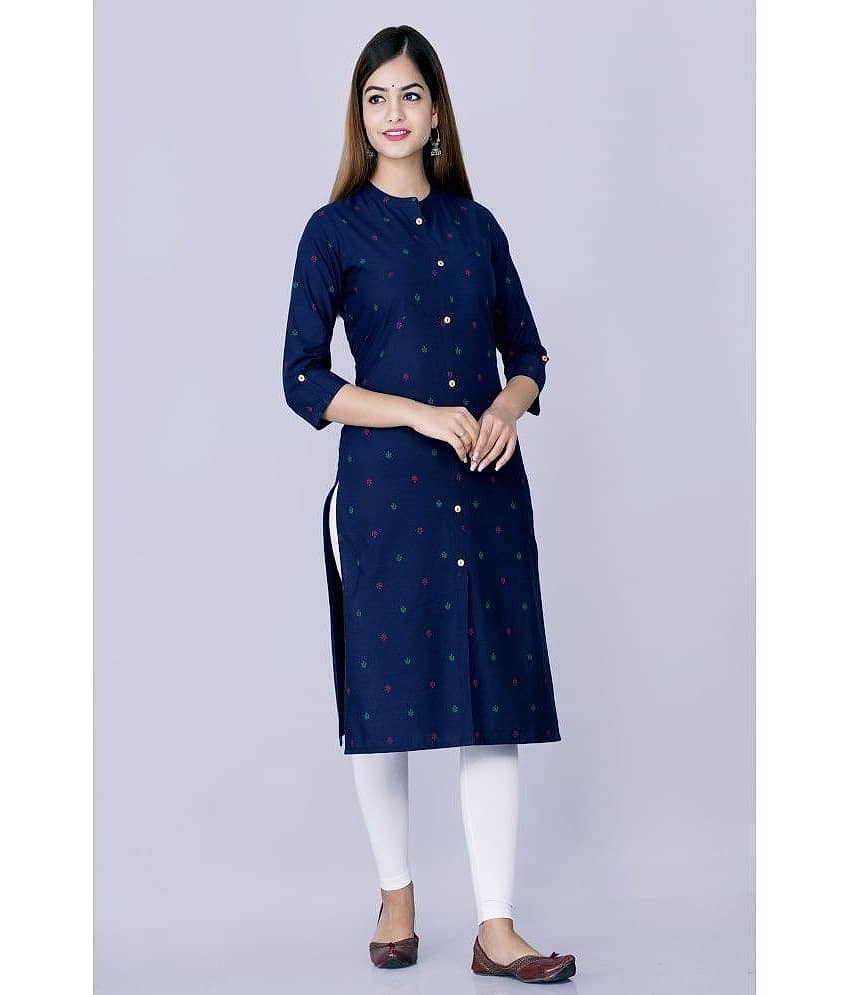 GlowWorld Cotton Printed Front Slit Women's Kurti - Blue ( Pack of 1 )