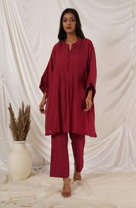 Maroon Pintuck Tunic Coord Set-XL