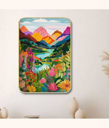 Saf Colorful Mountain Landscape Wall Art with Golden Frame | Floral Valley & River View Painting for Living Room, Office, Balcony | Vibrant Nature Scene Framed Print