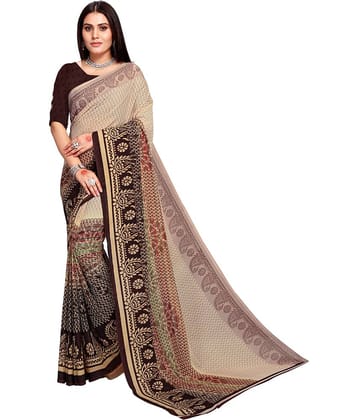 Kanooda Prints Georgette Printed Saree With Unstitched Blouse Piece ( Beige )