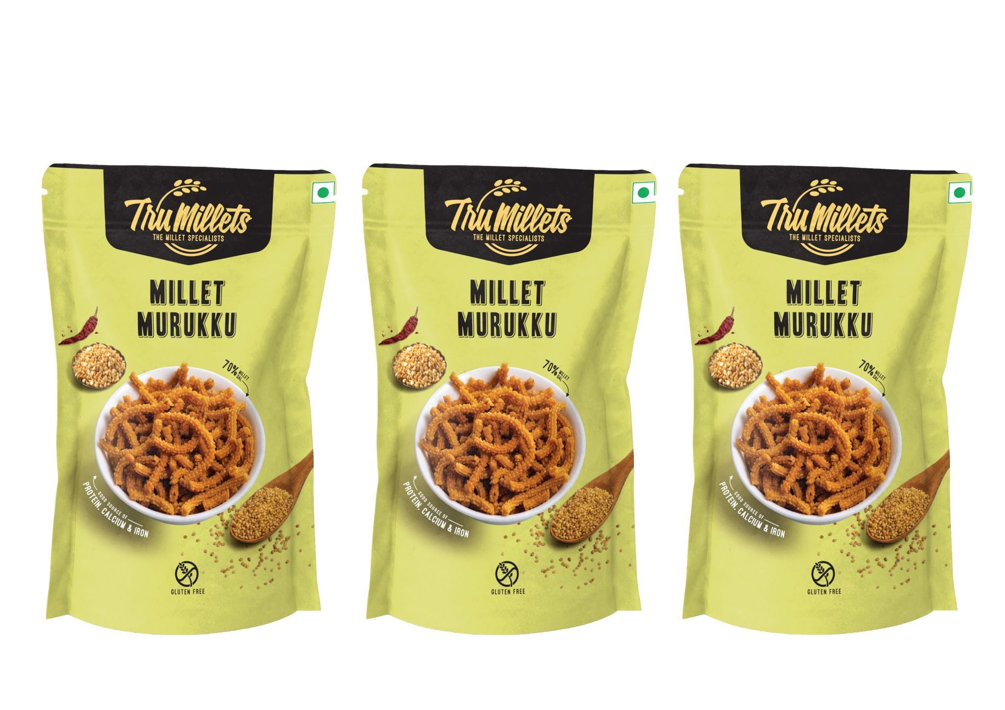 Trumillets Healthy Millet Snack for Kodo Millet Murukku | Indian Masala Crispy Namkeen | Healthy And Hygienic Snacks | High Protein & Fiber Snack | No Preservative (Each 125 Gm Pack of 3)