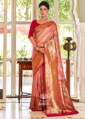 Mayuri: Kanjivaram Leheriya Saree Featuring Majestic Peacocks In Shades of Peach and Red