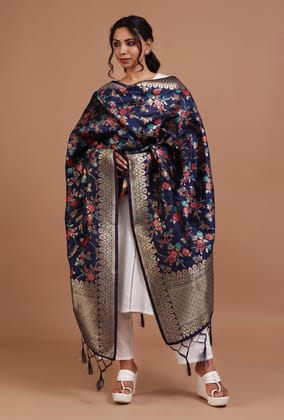 Navy Blue Color Semi Silk Dupatta With Zari Weaving
