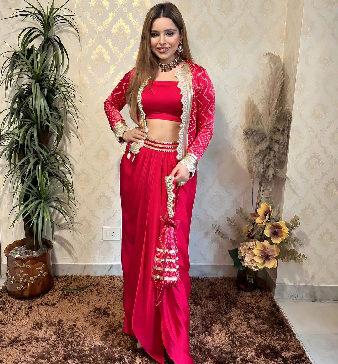 Red draped skirt with embroidered Jacket & top-Free Size