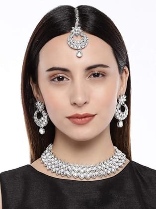 Silver-Toned Kundan  Pearls Bridal Jewellery Set