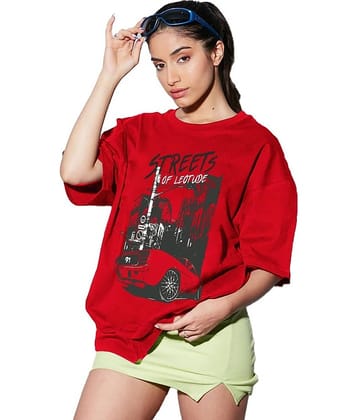 Leotude Women Cotton Blend Printed Oversized Fit Round Neck T-Shirt ( Red )