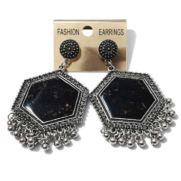 Black Stone Hexagonal Oxidized Jhumkas