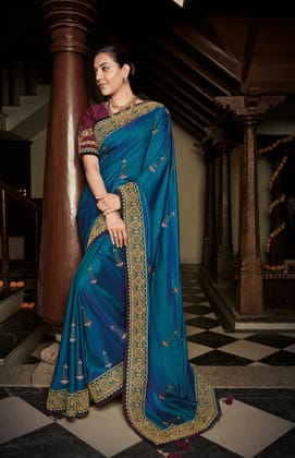 Royal Blue Pure Silk Woven Embroidered Designer Saree