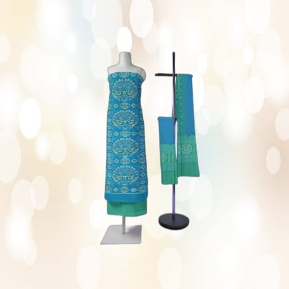 Turquoise & Green Ikat Print Unstitched Dress Material | Ethnic Motif | Ethnic Casual