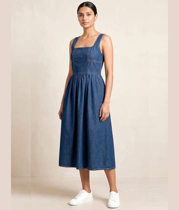 Addyvero Women Denim Solid Fit & Flare Dress ( Dark Blue )