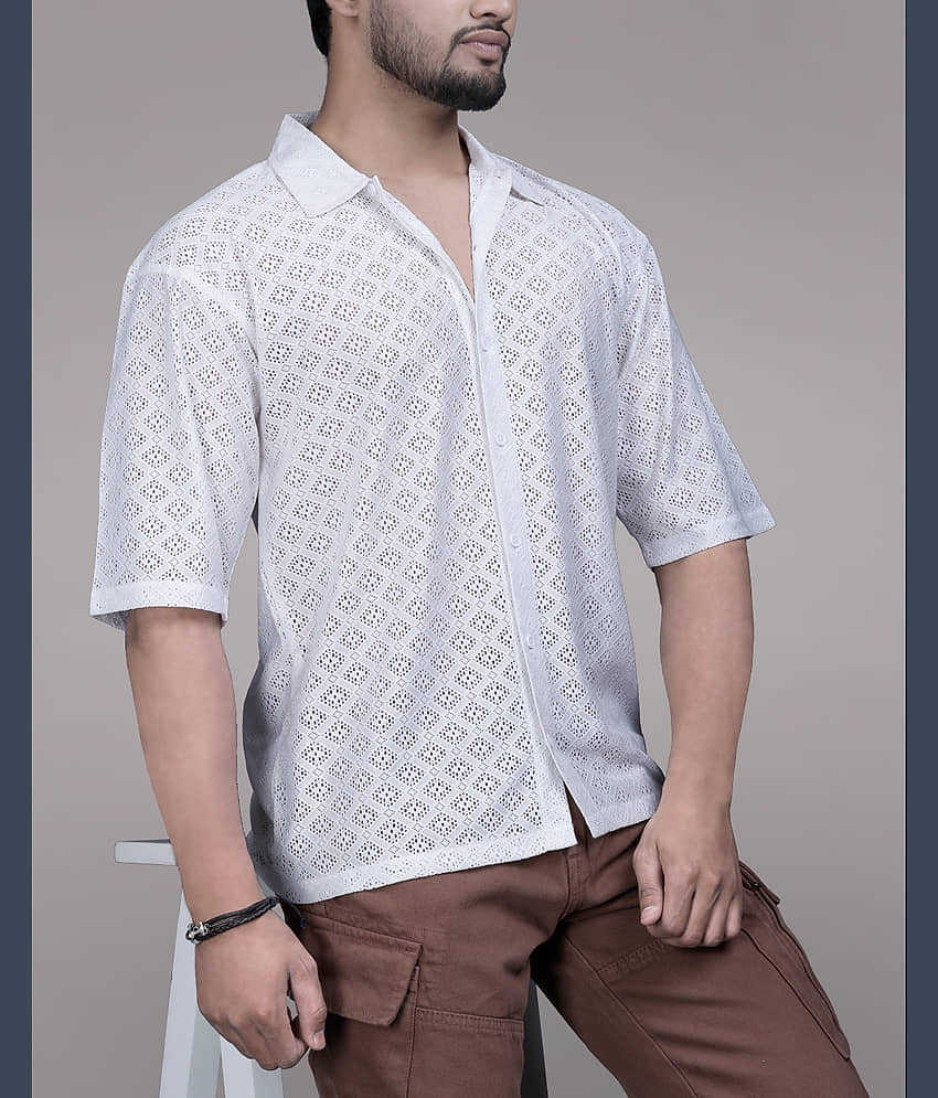 Eyebogler Polyester Oversized Fit Self Design Half Sleeves Men's Casual Shirt - White ( Pack of 1 )