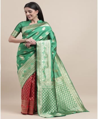 Women's Kanjivaram Silk Designer Weaving Saree with Unstitched Blouse (Green &amp Red, 5.50 Mtrs)