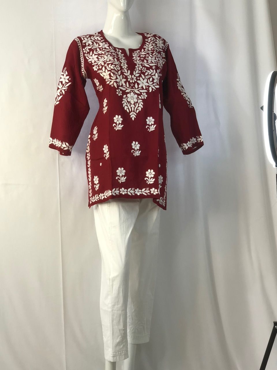 Modal straight Chikankari short kurti