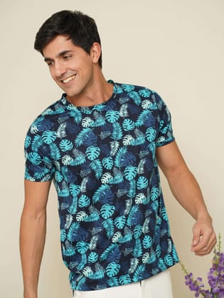 Navy/Teal Crew Neck Printed T Shirt-S